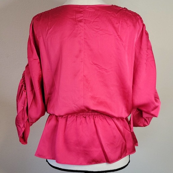 NWOT JOIE Satin Faux Wrap Ruched Dolman Sleeve peplum Blouse Pink Sz L, M - Picture 6 of 8